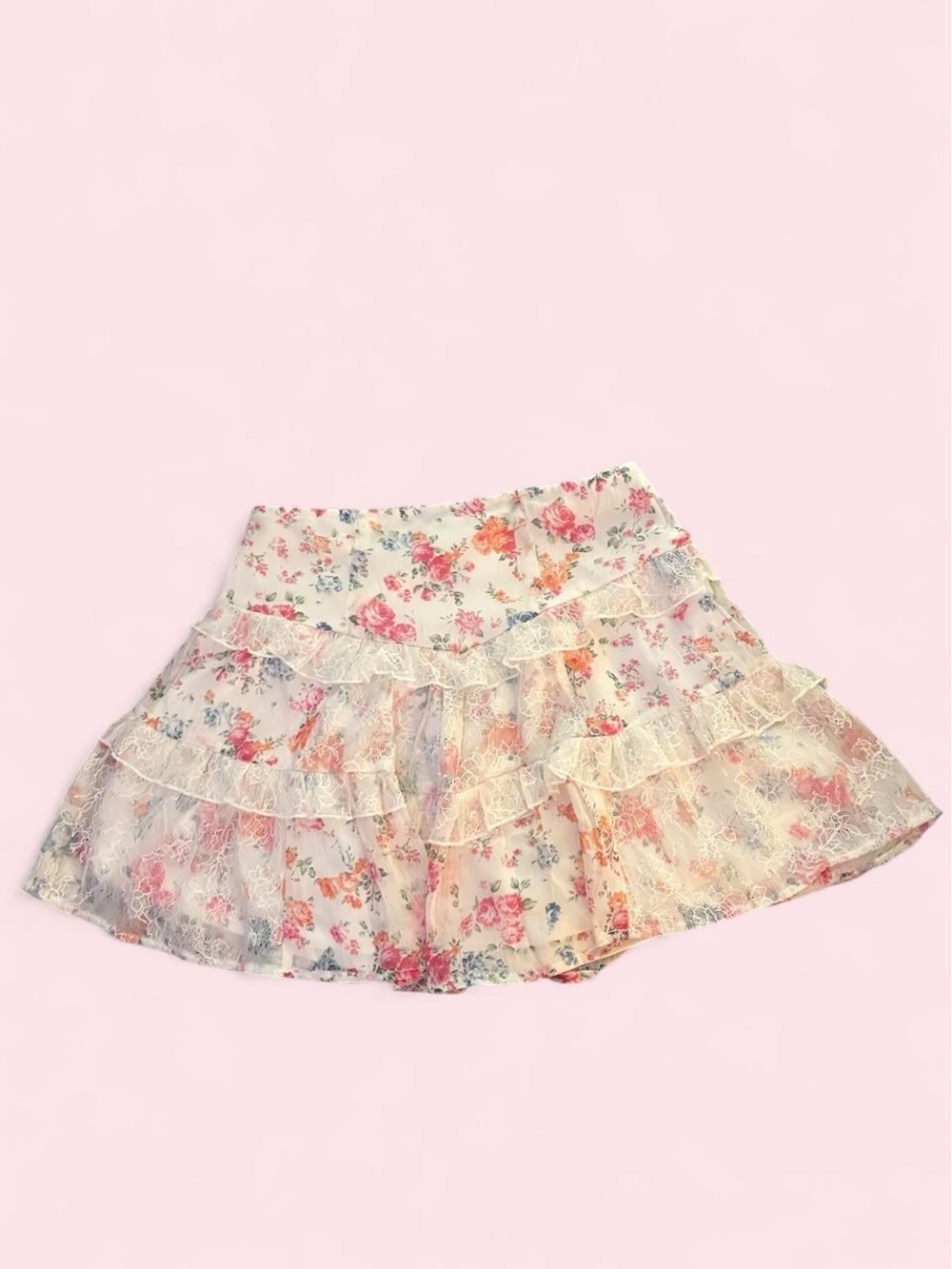 Francesca's pink floral mini skirt with ruffles in size S